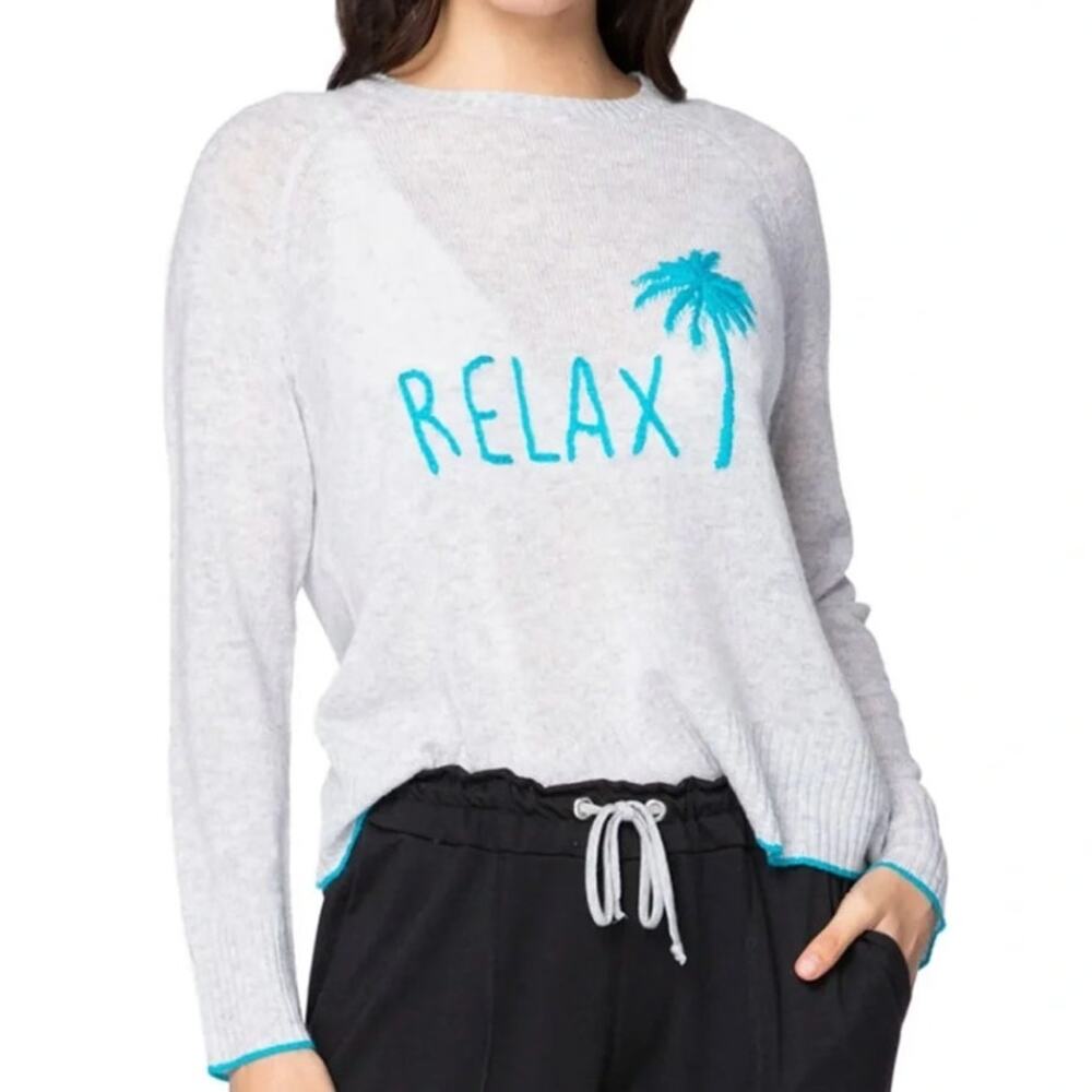 GOLDEN SUN 100% Cashmere Hand Embroidered "Relax" Sweater Gray Turquoise  S/M